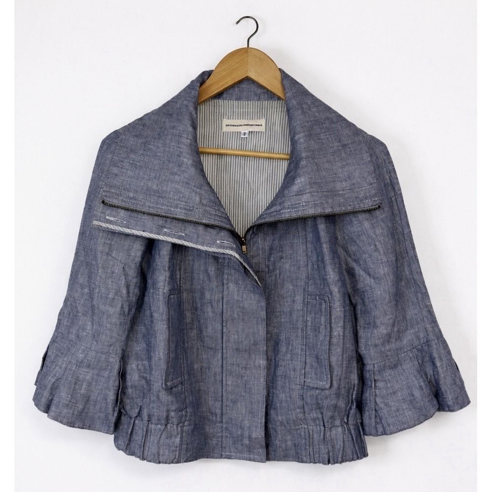 Brooklyn Industries Blue Linen Cropped Jacket Bell Sleeve Zip Front Size 2 - Picture 2 of 8